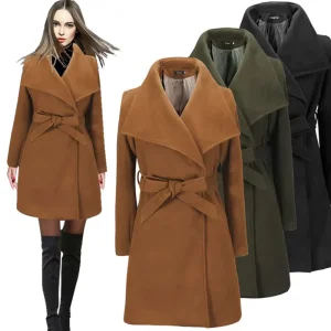 Women’s Winter Lapel Belt Woolen Overcoat Long Trench Coat