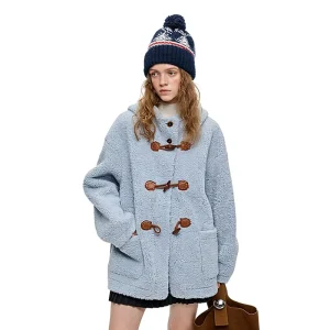 Women’s Winter Light Blue Shearling Toggle Coat Thick Warm Outerwear With Faux Fur Collar