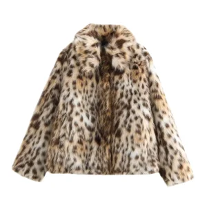 Women’s Winter Long-Sleeve Cropped Faux Fur Jacket Cheetah Leopard Pattern Plus Size Slim Knitted Single Button