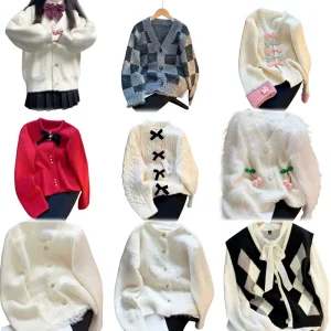 Women’s Winter Mesh Lace Knitted Open Shirt Square Pattern Sweater Shoulder Down Lantern Sleeve Loose Ribbon Top