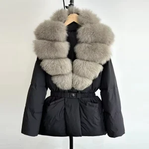 Women’s Winter Parka 90% White Duck Coat with Real Natural Fox Fur Thick Warm Belted Puffer Jacket Waterproof Coat