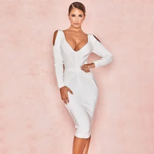Women’s Winter Pencil Long Sleeve White Bandage Dress Sexy Plunge V Neck Cut Midi Ribbed Stripe Party Cocktail Club Evening