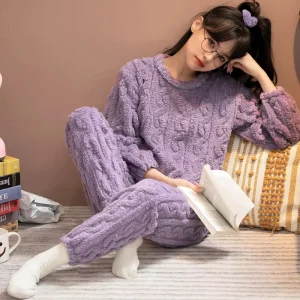 Women’s Winter Pyjamas Set Long Sleeve Flannel Jacquard Fleece Autumn Knitted Fabric for Women