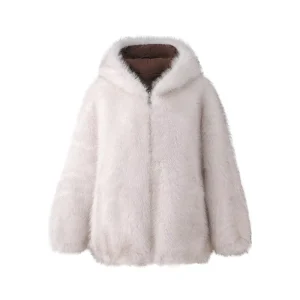 Women’s Winter Short Woven Faux Fur Parka Slim Vintage Bamboo Fiber Breathable Thick Jacket Hood Single Breasted Closure Raw