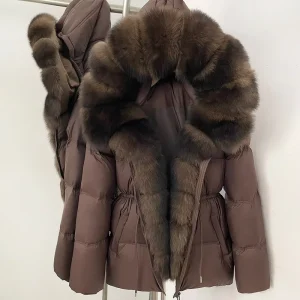 Women’s Winter Single Breasted Thick Warm Detachable Genuine Fox Fur Collar Puff Sleeve Contrast Color Hooded Jacket