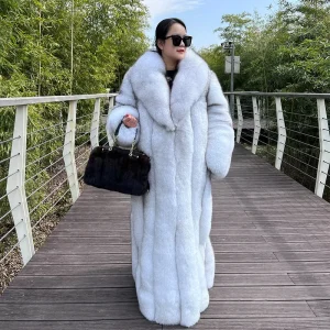 Women’s Winter Thick Fox Fur Long Coat Real Natural Blue Fox Fur Trench Longer Coats Authentic Fox Fur Jacket