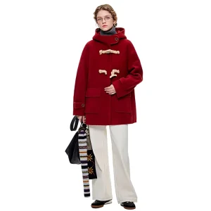 Women’s Winter Toggle Button Hooded College Style Red Coat for Fashionable Versatile Layering and Warm Casual