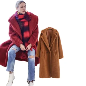 Women’s Winter Trench Coat Warm Woolen Faux Fur with Long Teddy Bear Print Winter Wear