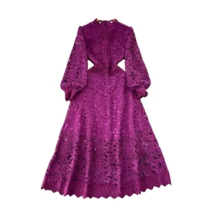 Women’s Winter Tunic Dress Casual Midi with Lantern Sleeves Empire Hollow Out Lace Vestido Sustainable Breathable