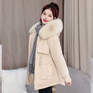 Women’s Winter Waist Jacket Custom Hood with Stand Collar and Fur Cotton Windproof Warm Jacket