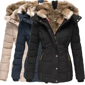 Women’s Winter Warm Fur Collar Cotton Coat Zippered Long Sleeve Slim Fit Hooded Cotton Jacket