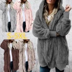 Women’s Winter Warm Solid Color Cardigan Hoodies Coats Long Sleeve Knitted Sweater Jacket Loose Faux Fur Cardigan Coat