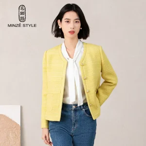Women’s Winter Wool Single Breasted Woven Short Blazer O-neck Straight Elegant