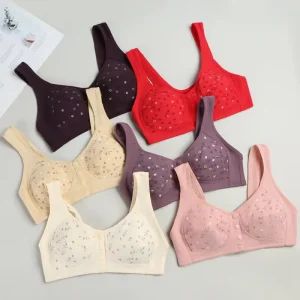 Women’s Wire Free Bra Soft Cotton Plus Size Lingerie Elderly Adults Three Row Front Button Printed Floral Lace plus size bra