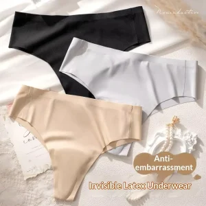 Women’s With Camel Toe Padd Latex Comfortable Underwear Solid Color High Elastic Dobby Fabric Knit Seamless Thong