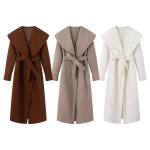 Women’s Wool Blend Oversized Shawl Collar Belted Coat Long Double Breasted Winter Jacket with Tie Waist OEM Factory