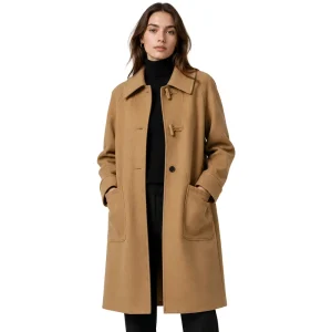 Women’s Wool Duffle Coat Camel Mid-Length Outerwear with Horn Buttons Premium Fabric Elegant Ladies Overcoat