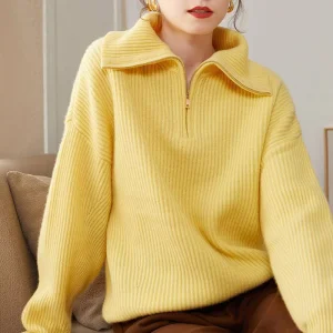 Womens Wool Knit Sweater Autumn Winter Long Sleeve 1 4 Zip Casual Cashmere Sweater Pullover