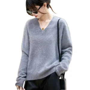 Women’s Wool Viscose V Neck Pullover Brushed Soft Interior Seamless Knitwear Oversized Casual Sweater Winter Thick 320g Flat