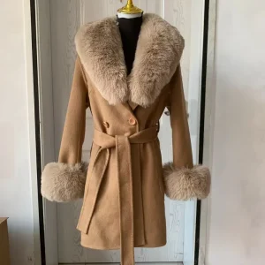 Women’s Woolen Coat with Faux Fur Fluffy Fur Collar Women Winter Warm Faux Fur Double-sided Artificial Fur Wool Jacket
