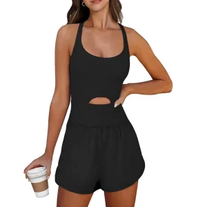 Women’s Workout Athletic Romper Summer Short Jumpsuits Onesie Running Exercise Gym Seamless Spaghetti Strap