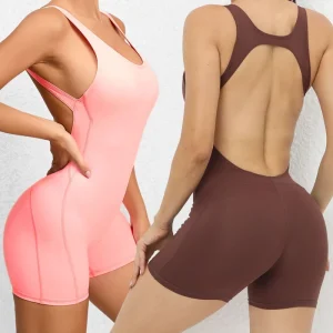Women’s Workout Jumpsuit One Piece Shorts Backless Bodycon Hip Lift Padded Romper