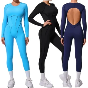 Women’s Workout Romper Quick Dry Yoga Leggings Jumpsuit Long Sleeve Stretchy Sports Bodysuit Set