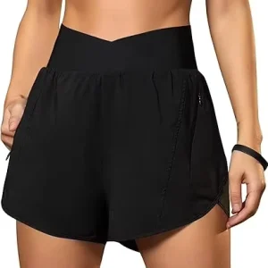 Women’s Workout Shorts Athletic Running Sweat Shorts Crossover High Waisted Gym Girls Shorts with Zipper Pockets