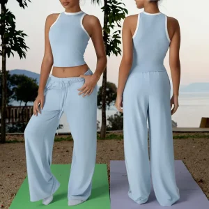 Women’s Workout Sports Crop Top & Flared Pant Gym Set Breathable Plaid Activewear for Yoga Running & Fitness