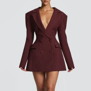 Women’s Woven Blazer Dress Long Sleeve Double Breasted V Neck Flared Hem Mini Formal Party Cocktail Office Wear Breathable
