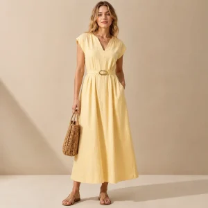 Women’s Woven Deep V Neck Short Sleeve Dress Loose Fit Waist Minimalist Casual Wear for Summer Autumn