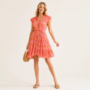 Women’s Woven Digital Printing Loose Fit Short Sleeve V-Neck Dress Orange Flowers, Casual Summer