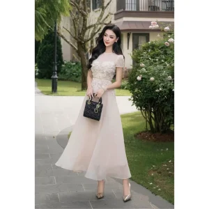 Women’s Woven Natural Waist Fishtail Dress White O Neck Short Sleeve Retro Long Elegant Party Dress
