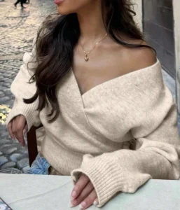 Women’s Wrap Knit Sweater V Neck Lantern Sleeve Side Tie Autumn Winter Cropped Knit Top Casual Knitwear