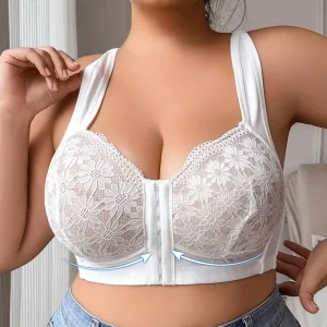 Women’s XL-5XL Plus Size Push-Up Lace Bra with Front Closure and Adjusted Straps Breathable Embroidered Lingerie Underwear
