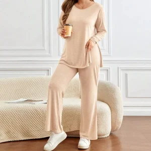 Women’s XL Plus Size Casual 2 Piece Loungewear Pajamas Sets Long Sleeve Tops with Side Slits Design Wide Leg Pants for Winter