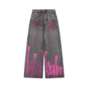 Women’s XL Summer Vintage American Style Loose Patchwork Denim Pants High Waist Straight Jeans Graffiti Print Washed Casual Long