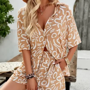Women’s XS Casual Printed 2 Piece Loungewear Set Short Sleeve Shirts Shorts for Spring Summer Home Office Suitable