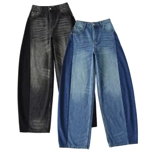 Women’s Y2K Loose Mid Rise Two Tone Denim Wide Leg Jeans Vintage Washed Summer Autumn