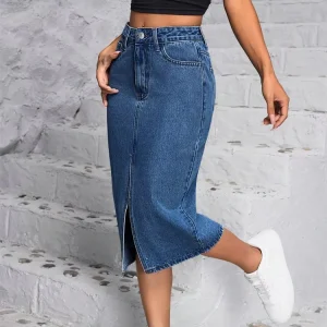 Women’s Y2K Mid Skirt With Irregular Waistband Trendy Casual Denim Dress for Summer Cute Style Buttons Pockets Decoration
