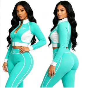 Women’s Y2K Solid Color Block Jacket Leggings Set Custom Logo Skinny Fit Long Tops Loungewear Casual 2 Piece Outfit Embroidered
