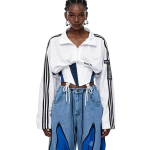 Women’s Y2K Sporty Crop Jacket Corset Lace up Hem Zip up Track Jacket Digital Print Contrast Stripe Streetwear Festival Top