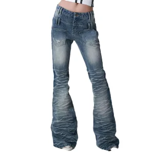 Women’s Y2K Vintage Jeans Low Waist Skinny Fit Size 20 Breathable Denim Washed with Zipper Decoration Woven for Autumn
