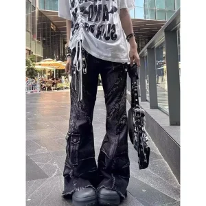 Women’s Y2k Baggy Flare Jeans Harajuku Japanese 2000s Style Patchwork Denim Trouser Vintage Oversize Cargo Jeans Pants