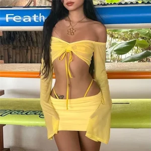 Women’s Yellow Camisole Club Dress Slim-fit One-line Collar Long Sleeve Skirt Suit