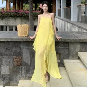 Women’s Yellow Maxi Dress Ruffle Trim Pleated Flowy Long Dress Casual Summer Beach Vacation Sundress