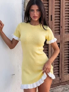 Women’s Yellow Ribbed Knit Bodycon Mini Dress Short Sleeve Ruffle Trim Natural Waist Casual Summer ODM Dress