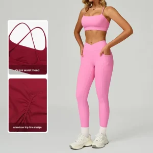 Women’s Yoga Fitness Set Cross Border Sport Bra with Pocket Legging V Shape Yoga Legging