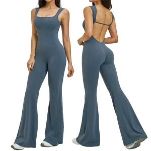 Women’s Yoga Jumpsuit Hollow Back Blocking Color Flared Leg Fitness One Piece Bodysuit Running Romper Jumpsuit