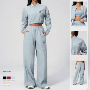 Women’s Yoga Outfit Set Crop Top Jacket Outdoor Fitness Sports Long Pants 2 Pcs Workout Set